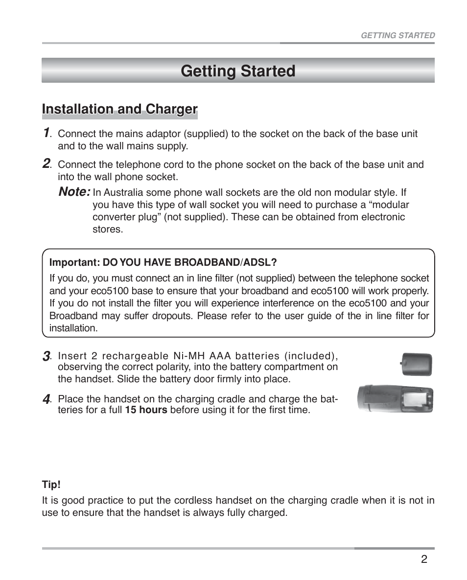 Getting started, Installation and charger | Oricom ECO5100 User Manual | Page 5 / 44