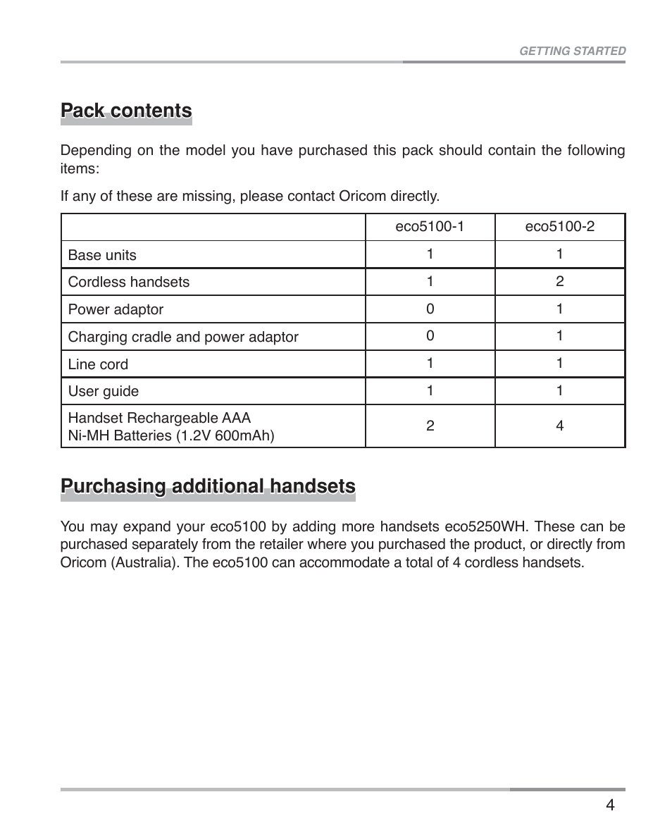 Pack contents, Purchasing additional handsets | Oricom ECO5100 User Manual | Page 7 / 44