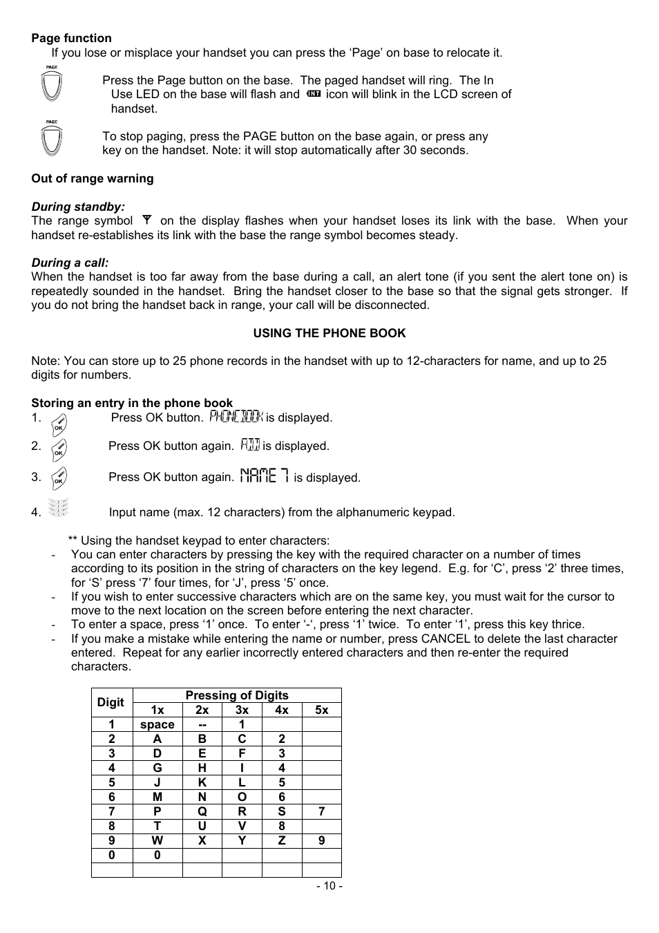 Out of range warning, Using the phone book, Storing an entry in the phone book | Standby mode, 10 out of range warning | Oricom BB100 User Manual | Page 10 / 25