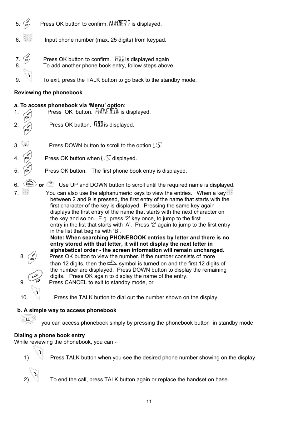 Reviewing the phonebook, A. to access phonebook via ‘menu’ option, Dialing a phone book entry | Oricom BB100 User Manual | Page 11 / 25