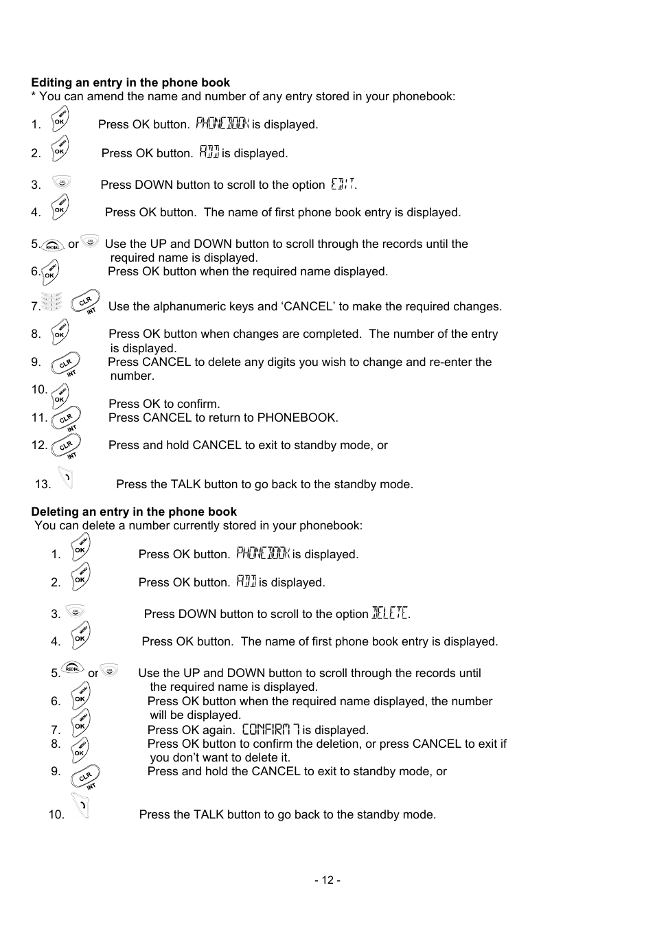 Editing an entry in the phone book, Deleting an entry in the phone book, 12 deleting an entry in the phone book | Oricom BB100 User Manual | Page 12 / 25