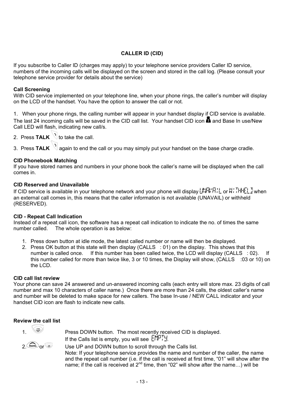 Caller id (cid), Call screening, Cid phonebook matching | Cid reserved and unavailable, Cid call list review, Review the call list, 13 cid phonebook matching, 13 cid reserved and unavailable, 13 cid call list review, 13 review the call list | Oricom BB100 User Manual | Page 13 / 25