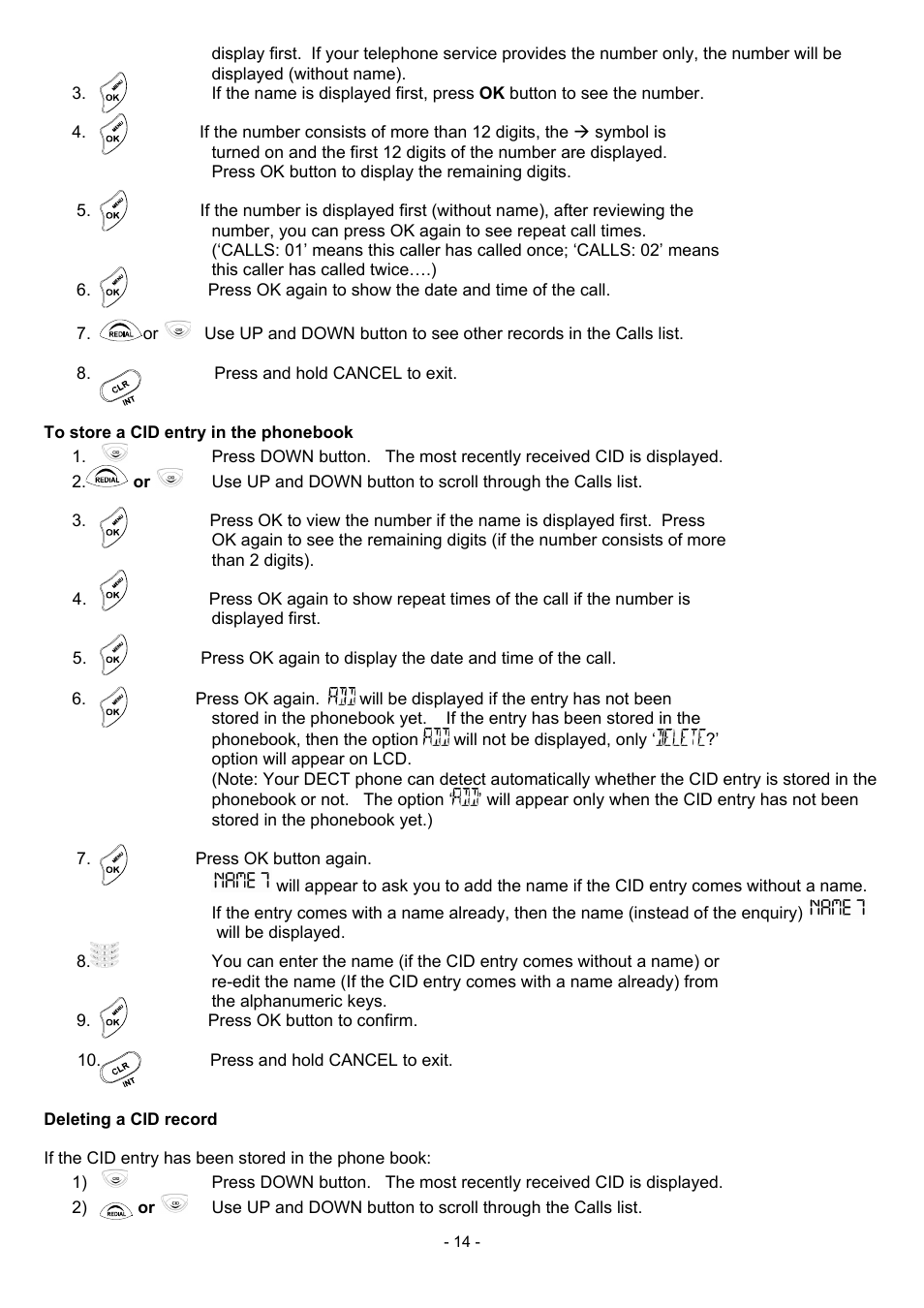 To store a cid entry in the phonebook, Deleting a cid record, 14 deleting a cid record | Oricom BB100 User Manual | Page 14 / 25