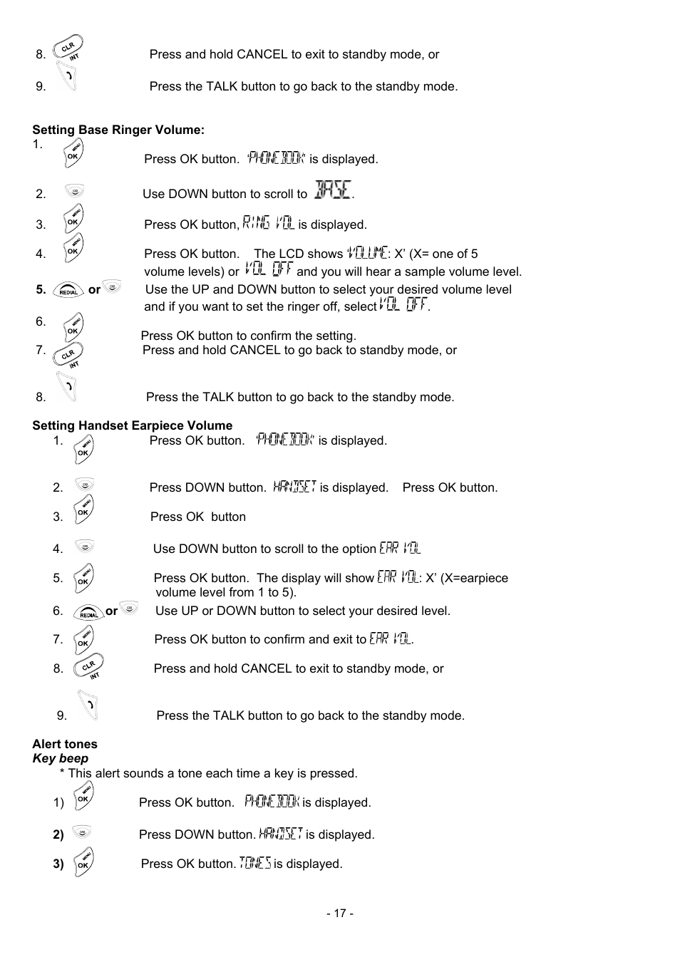Setting base ringer volume, Setting handset earpiece volume, Alert tones | Key beep, 17 setting handset earpiece volume, 17 alert tones | Oricom BB100 User Manual | Page 17 / 25