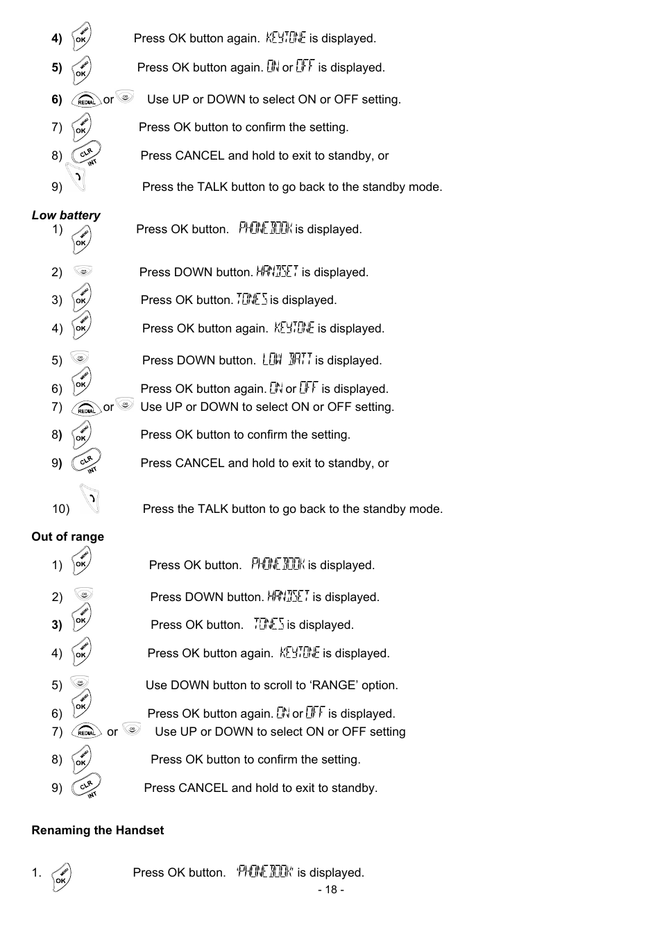 Low battery, Out of range, Renaming the handset | 18 renaming the handset | Oricom BB100 User Manual | Page 18 / 25