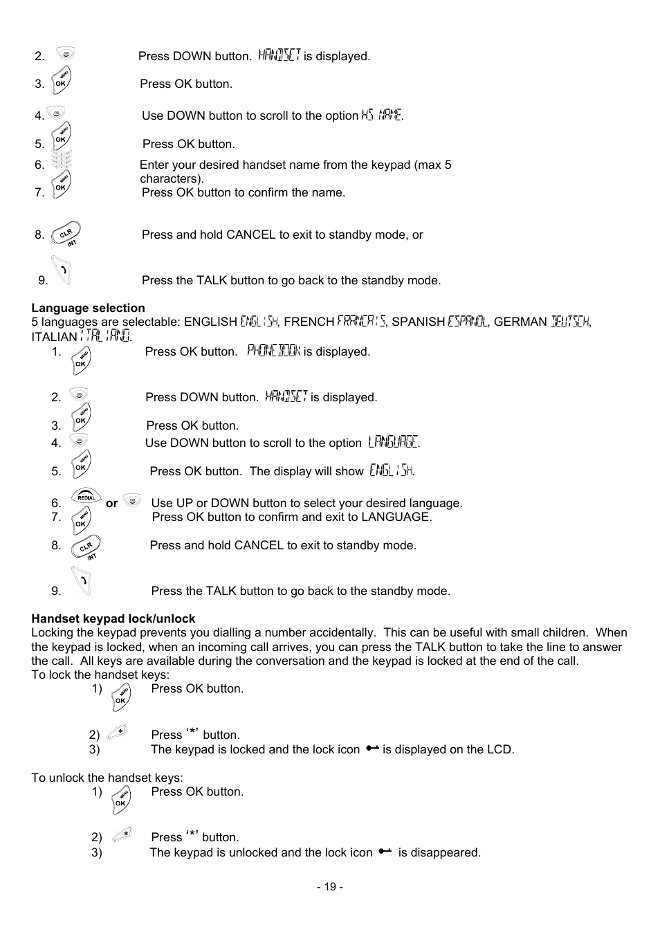 Language selection, Handset keypad lock/unlock, 19 handset keypad lock/unlock | Oricom BB100 User Manual | Page 19 / 25