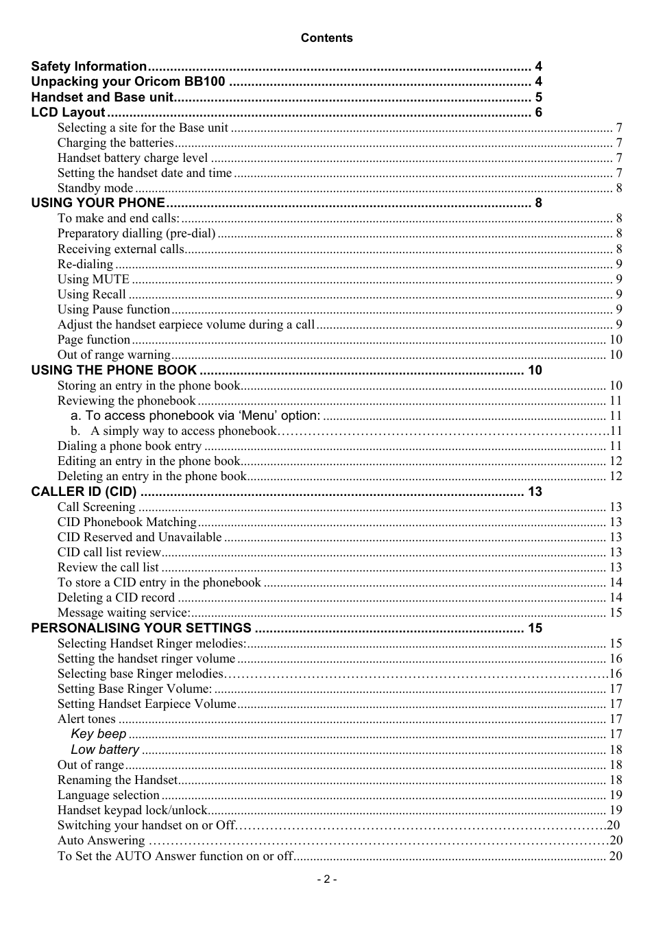 Oricom BB100 User Manual | Page 2 / 25
