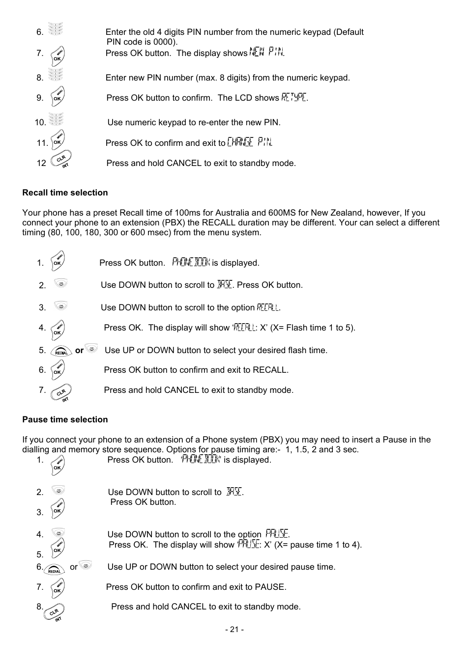 Recall time selection, Pause time selection, 21 pause time selection | Oricom BB100 User Manual | Page 21 / 25