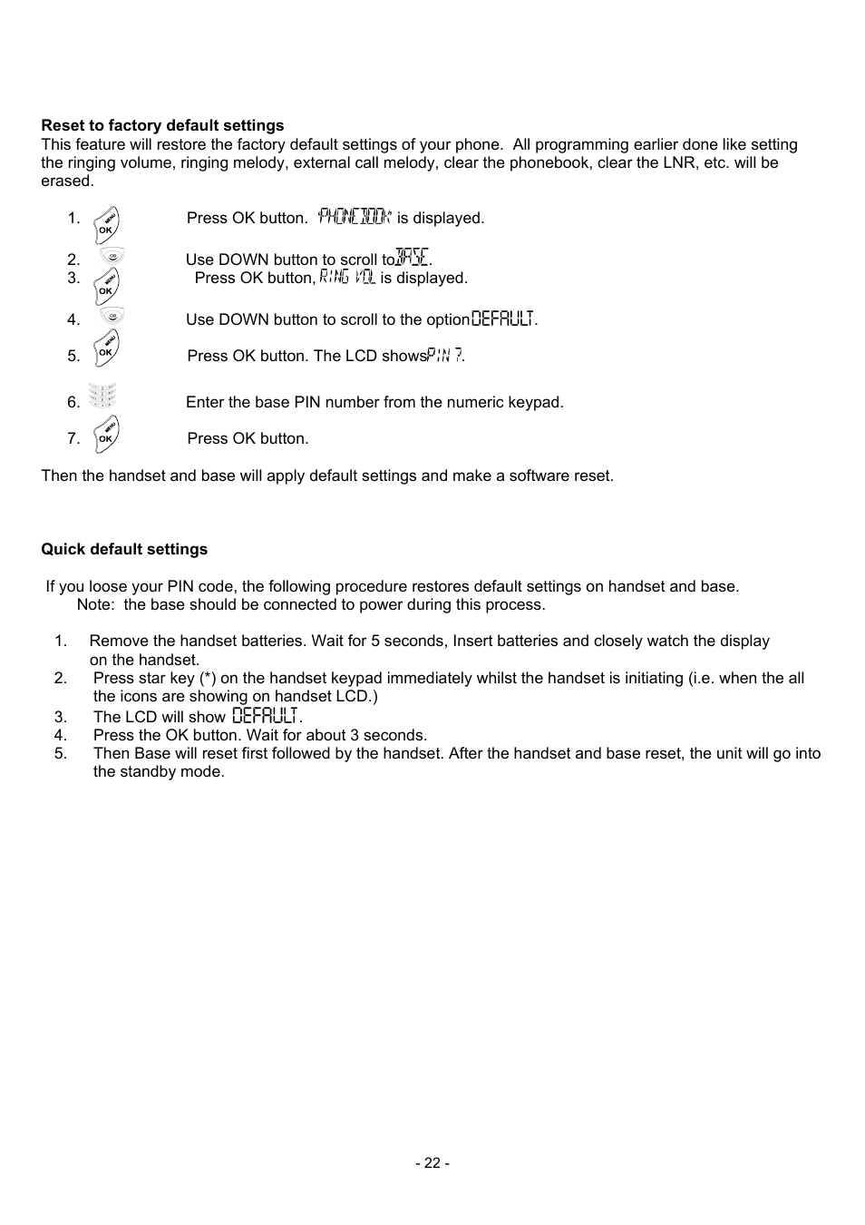 Reset to factory default settings, Quick default settings, 22 quick default settings | Oricom BB100 User Manual | Page 22 / 25