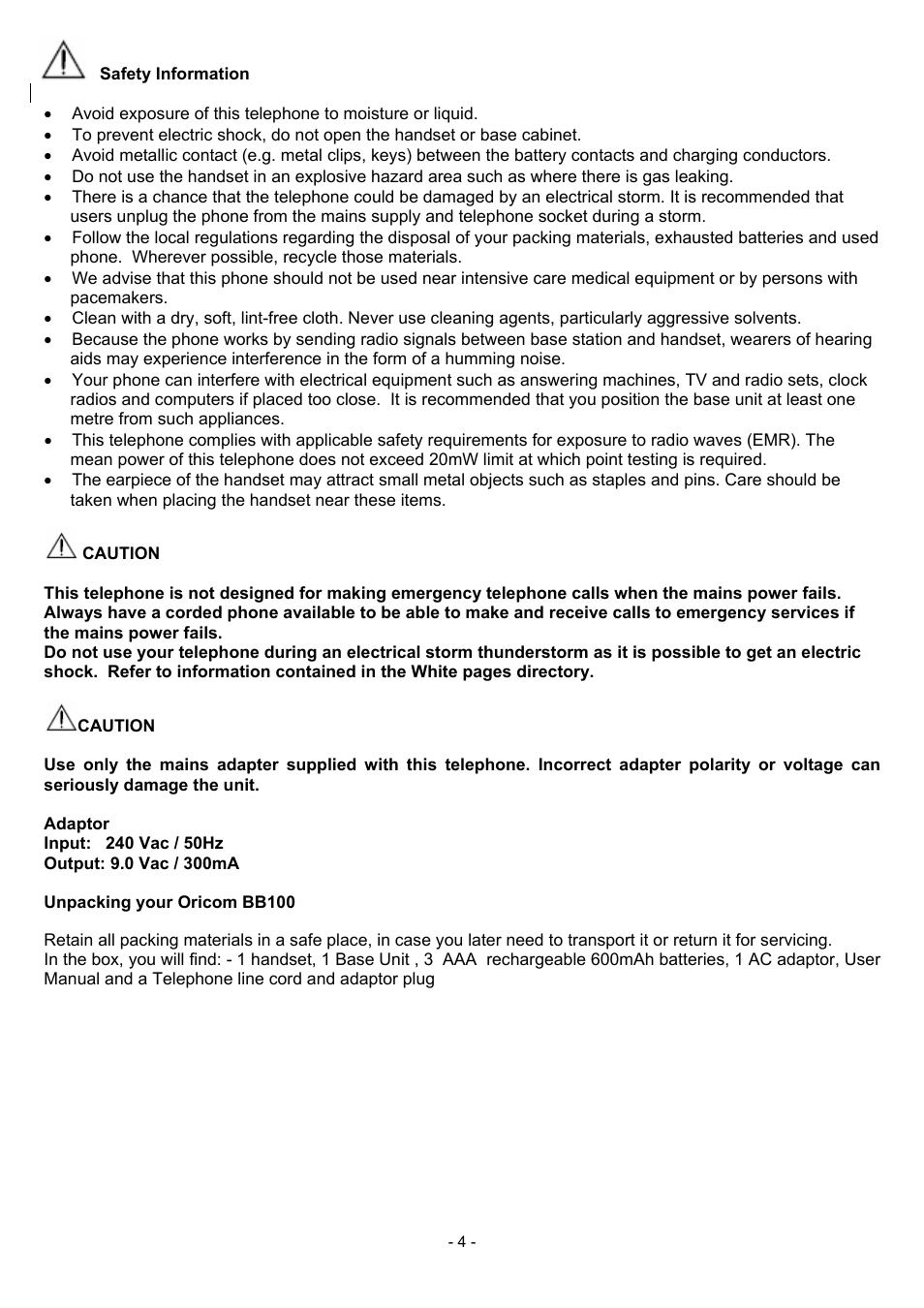 Safety information, Unpacking your oricom bb100, 4 unpacking your oricom bb100 | Charging the batteries, Using your phone, Using mute, Personalising your settings | Oricom BB100 User Manual | Page 4 / 25