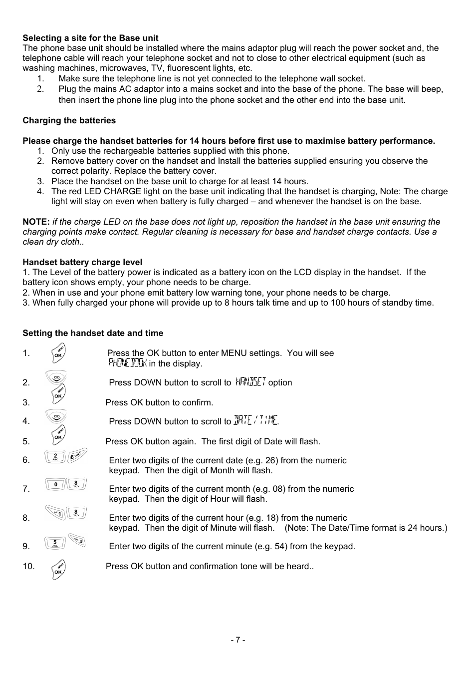 Selecting a site for the base unit, Charging the batteries, Handset battery charge level | Setting the handset date and time, 7 handset battery charge level, 7 setting the handset date and time | Oricom BB100 User Manual | Page 7 / 25