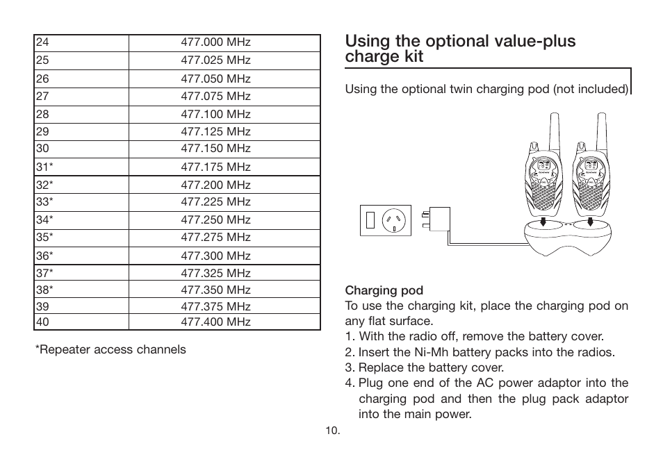 Using the optional value-plus charge kit | Oricom PMR888 User Manual | Page 11 / 15