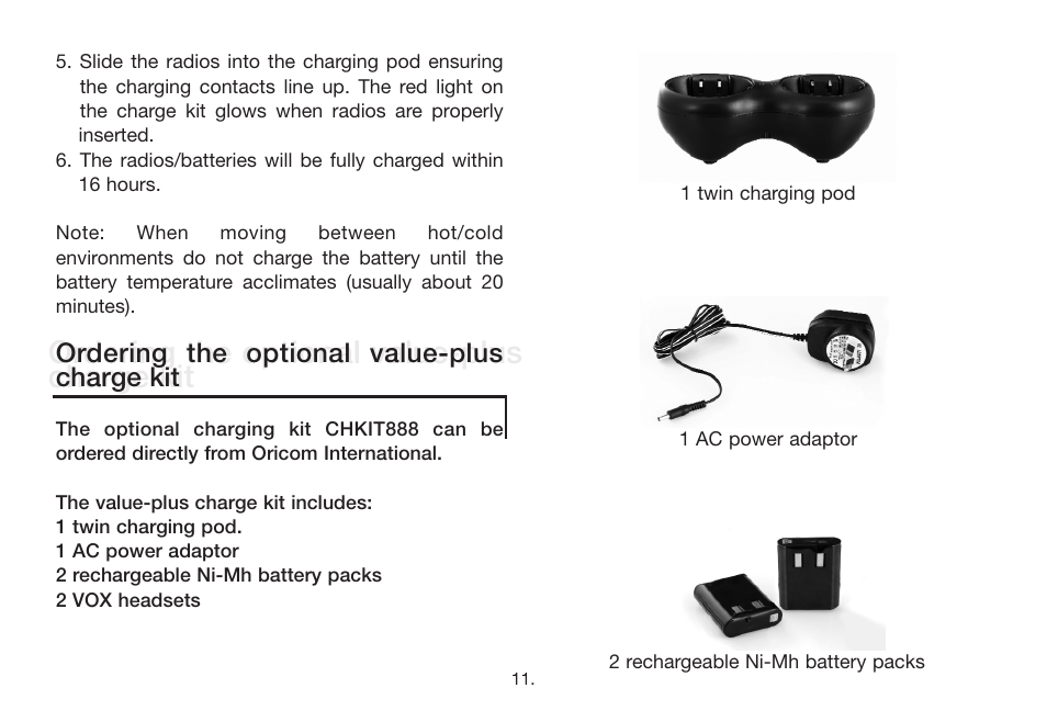 Ordering the optional value-plus charge kit | Oricom PMR888 User Manual | Page 12 / 15