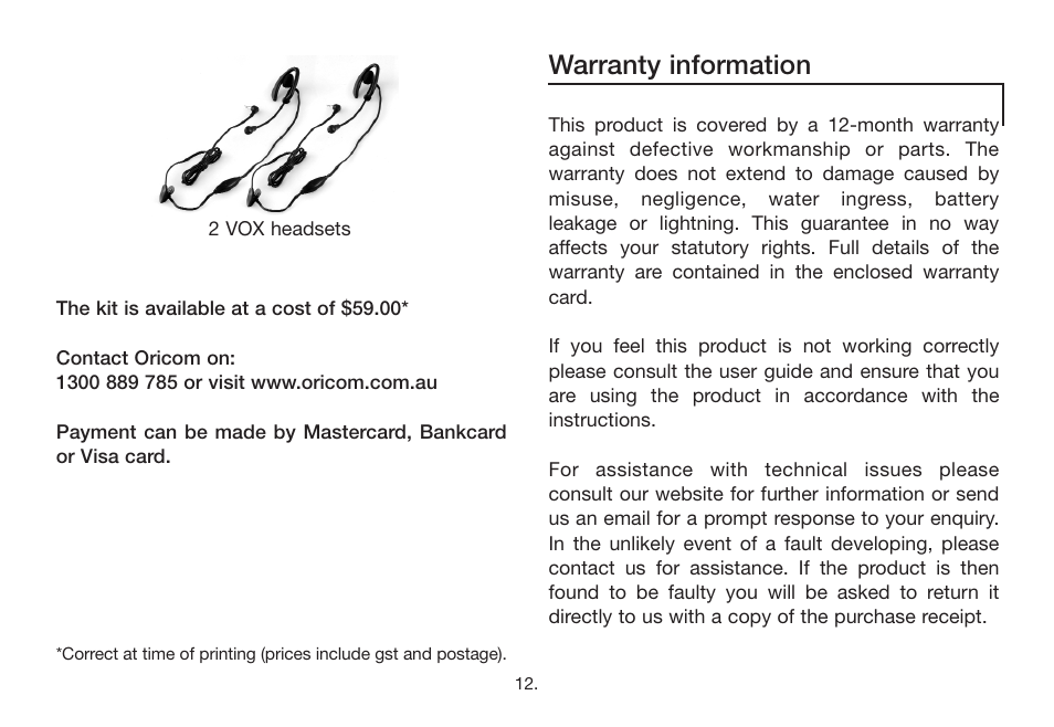 Warranty information | Oricom PMR888 User Manual | Page 13 / 15