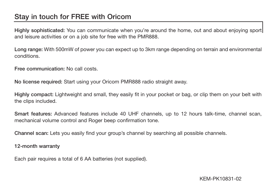 Stay in touch for free with oricom | Oricom PMR888 User Manual | Page 15 / 15