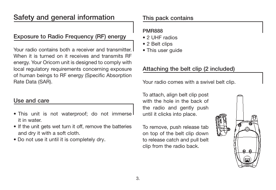 Safety and general information | Oricom PMR888 User Manual | Page 4 / 15