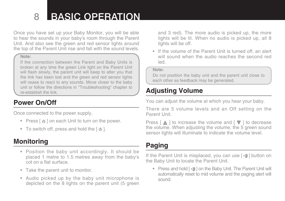 8basic operation, Power on/off, Monitoring | Adjusting volume, Paging | Oricom Secure 100 User Manual | Page 10 / 16