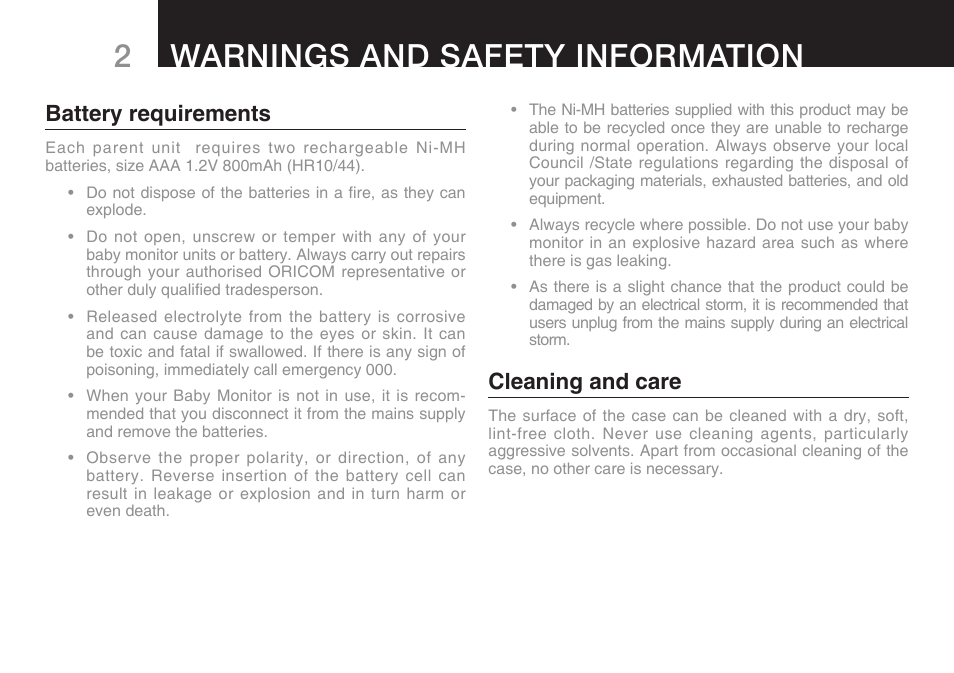 2warnings and safety information, Battery requirements, Cleaning and care | Oricom Secure 100 User Manual | Page 4 / 16