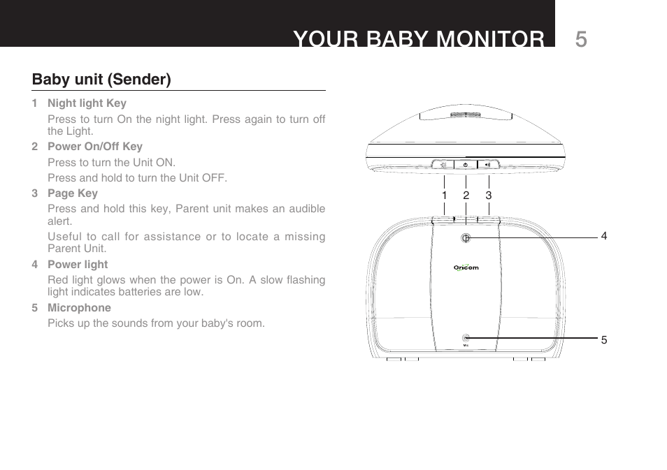 5your baby monitor, Baby unit (sender) | Oricom Secure 100 User Manual | Page 7 / 16