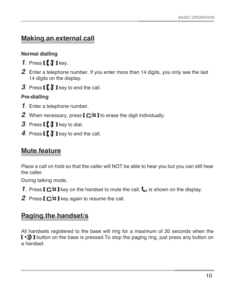 Making an external call, Mute feature, Paging the handset/s | Oricom eco5100 Series User Manual | Page 13 / 44