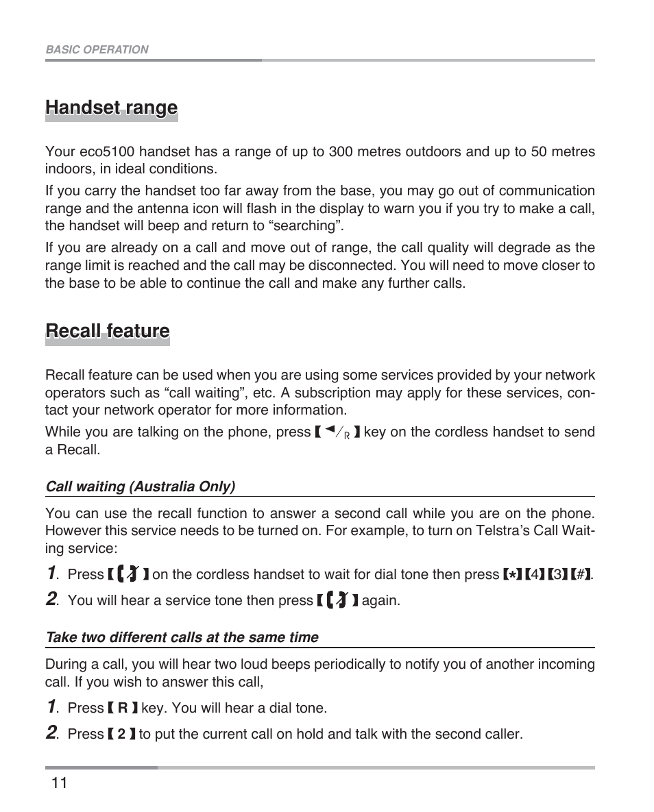 Handset range, Recall feature | Oricom eco5100 Series User Manual | Page 14 / 44