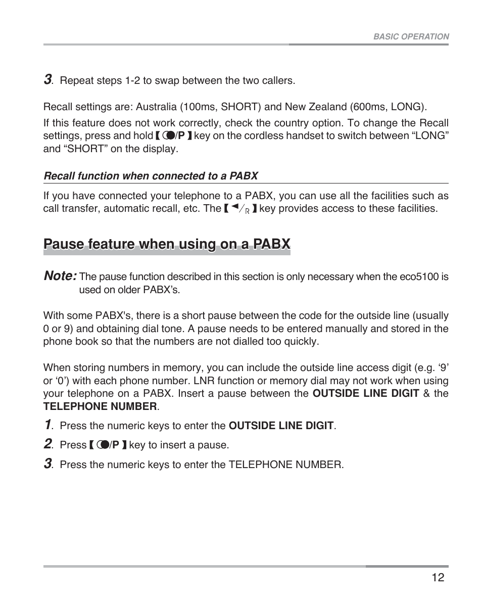 Pause feature when using on a pabx | Oricom eco5100 Series User Manual | Page 15 / 44