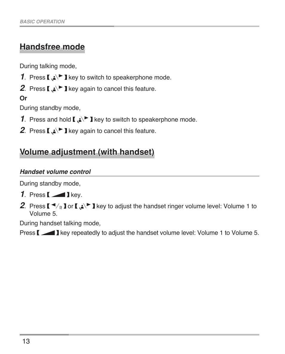 Handsfree mode, Volume adjustment (with handset) | Oricom eco5100 Series User Manual | Page 16 / 44