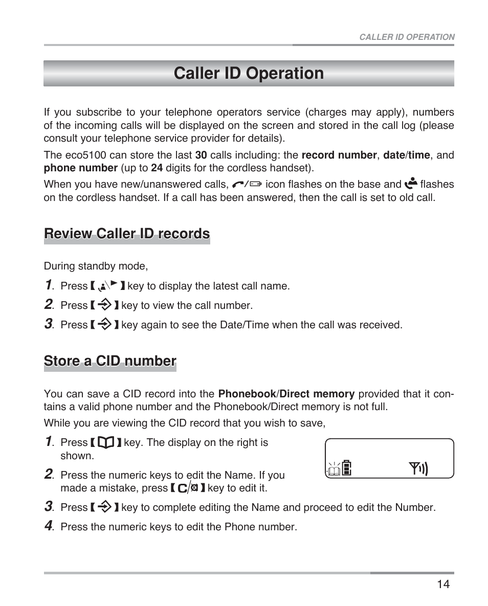 Caller id operation, Review caller id records, Store a cid number | Oricom eco5100 Series User Manual | Page 17 / 44