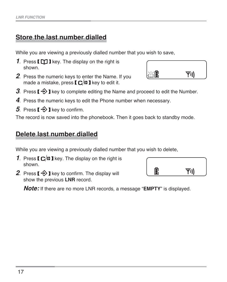Store the last number dialled, Delete last number dialled | Oricom eco5100 Series User Manual | Page 20 / 44