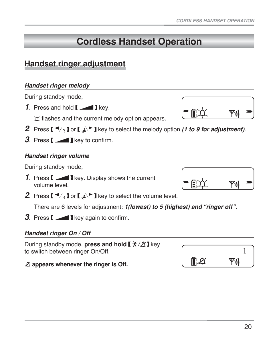 Cordless handset operation, Handset ringer adjustment | Oricom eco5100 Series User Manual | Page 23 / 44