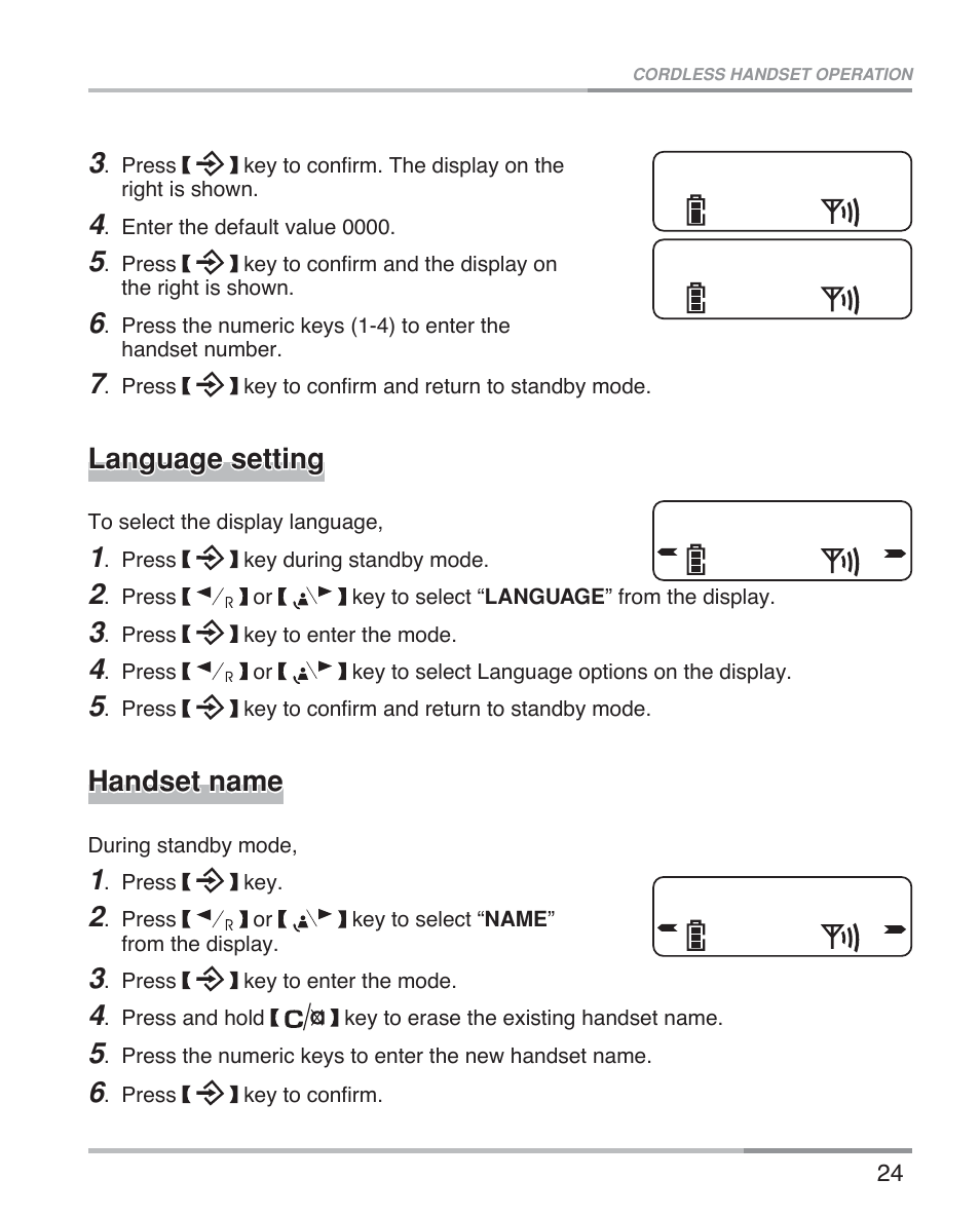 Language setting, Handset name | Oricom eco5100 Series User Manual | Page 27 / 44