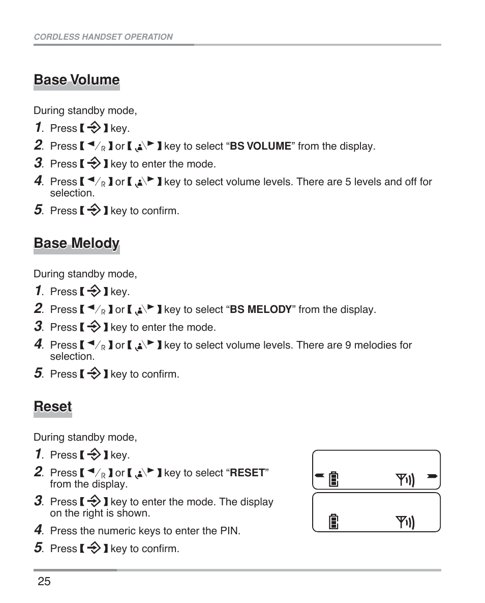 Base volume, Base melody, Reset | Oricom eco5100 Series User Manual | Page 28 / 44