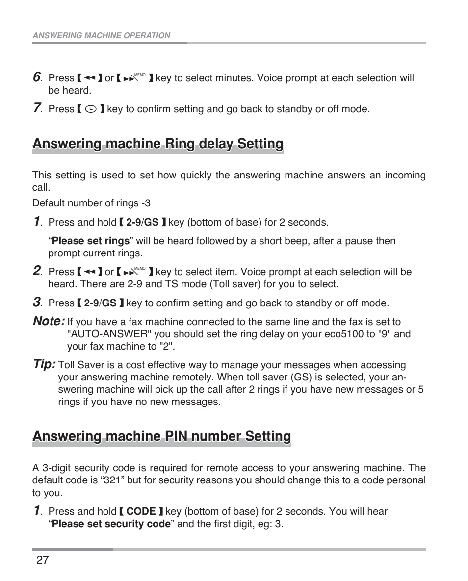 Answering machine ring delay setting, Answering machine pin number setting | Oricom eco5100 Series User Manual | Page 30 / 44