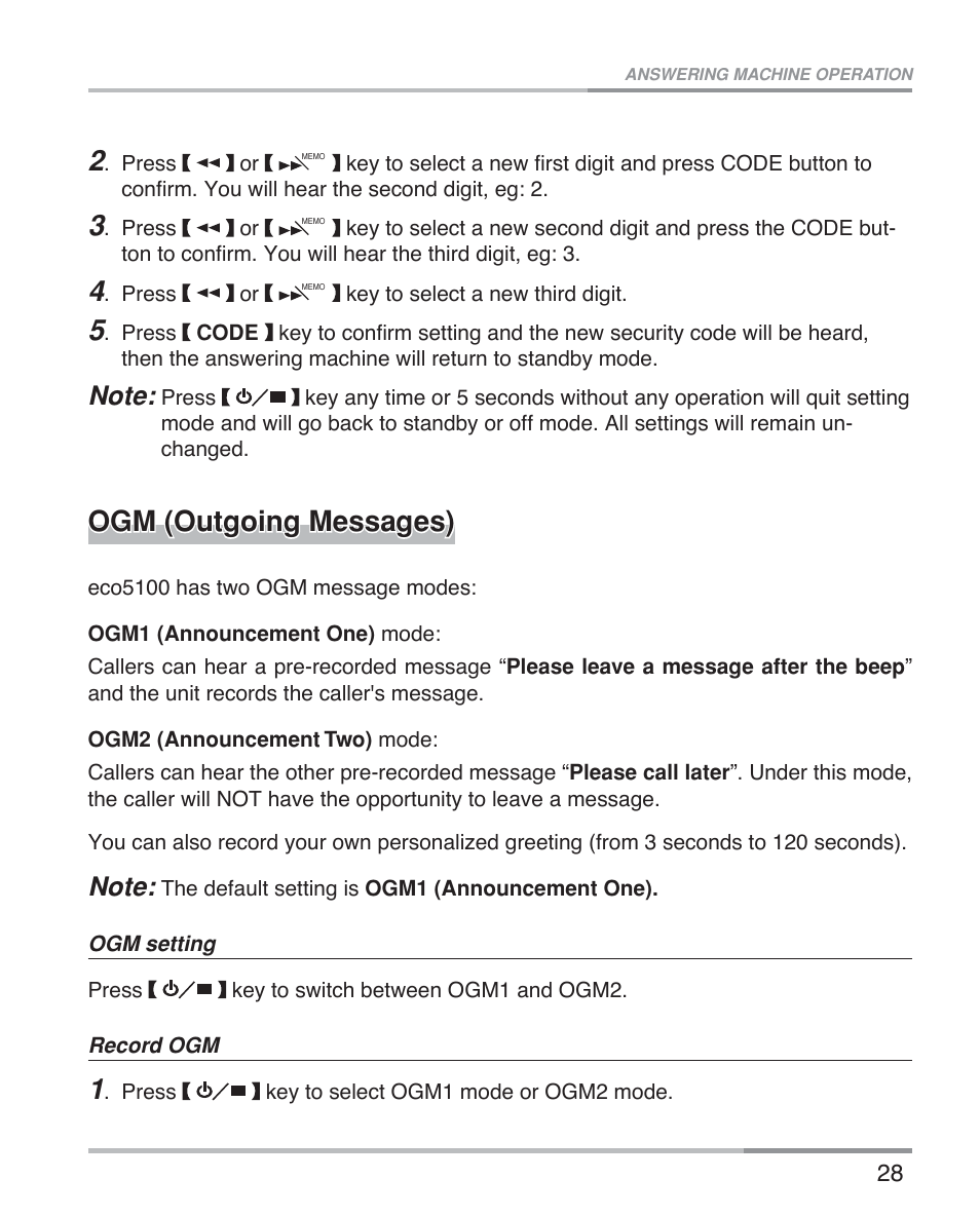 Ogm (outgoing messages) | Oricom eco5100 Series User Manual | Page 31 / 44