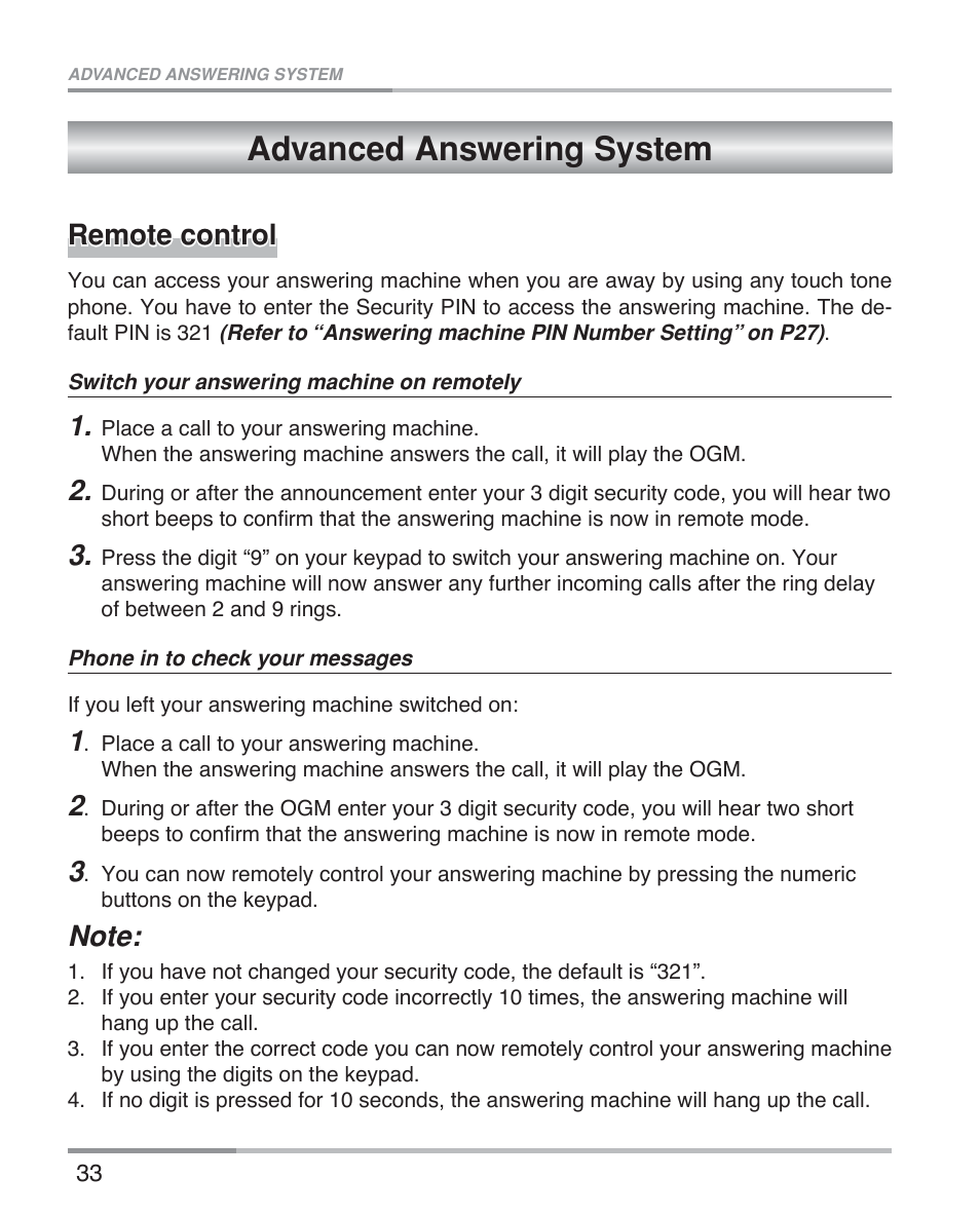 Advanced answering system, Remote control | Oricom eco5100 Series User Manual | Page 36 / 44