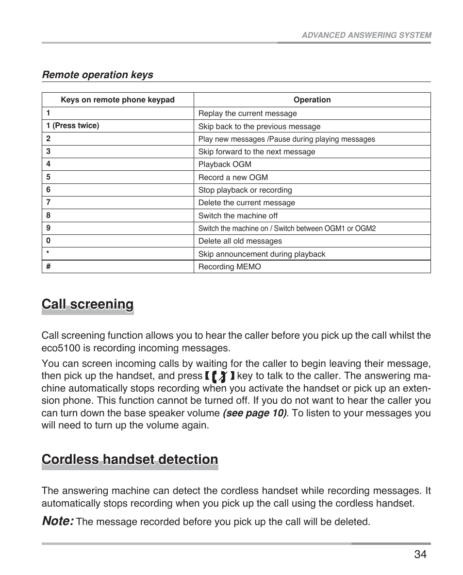 Call screening, Cordless handset detection | Oricom eco5100 Series User Manual | Page 37 / 44