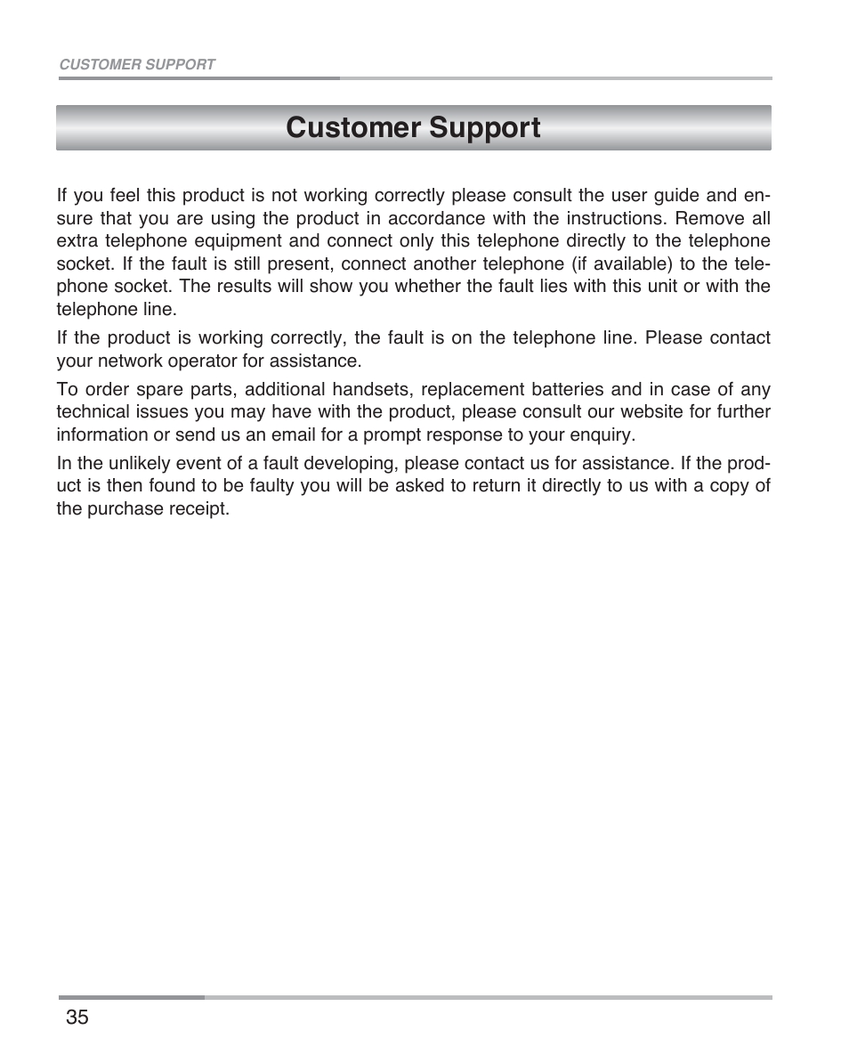 Customer support | Oricom eco5100 Series User Manual | Page 38 / 44