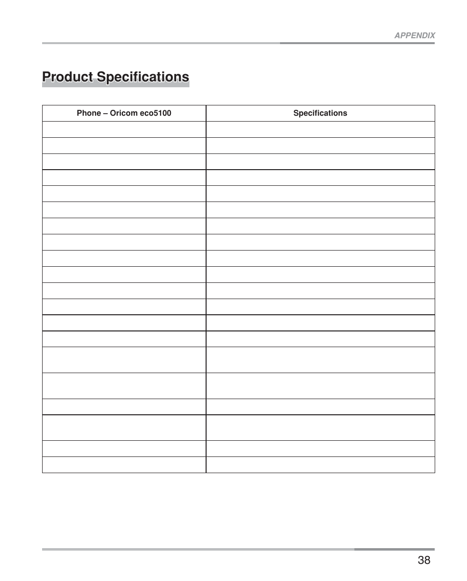 Product specifi cations | Oricom eco5100 Series User Manual | Page 41 / 44