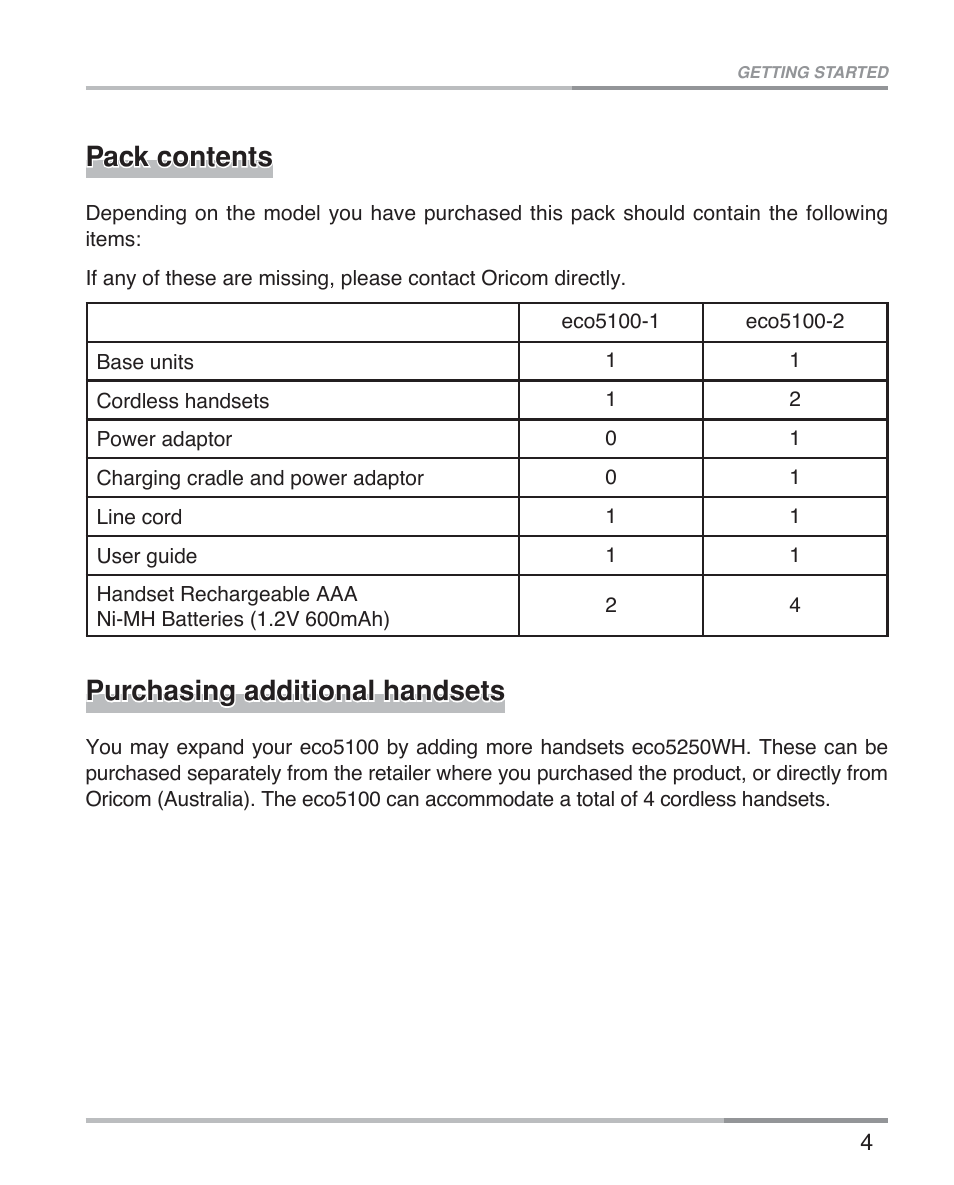 Pack contents, Purchasing additional handsets | Oricom eco5100 Series User Manual | Page 7 / 44