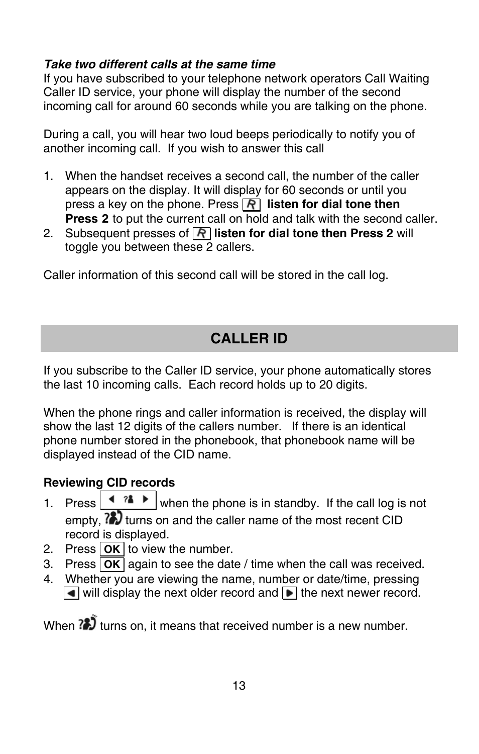 Caller id | Oricom P900 User Manual | Page 13 / 35