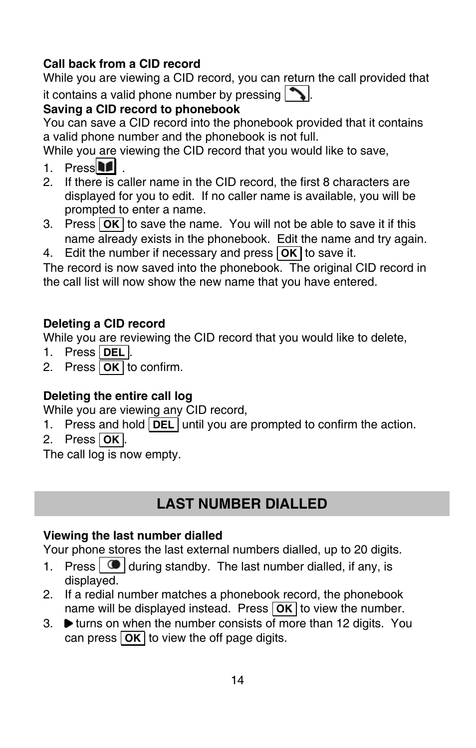 Last number dialled | Oricom P900 User Manual | Page 14 / 35