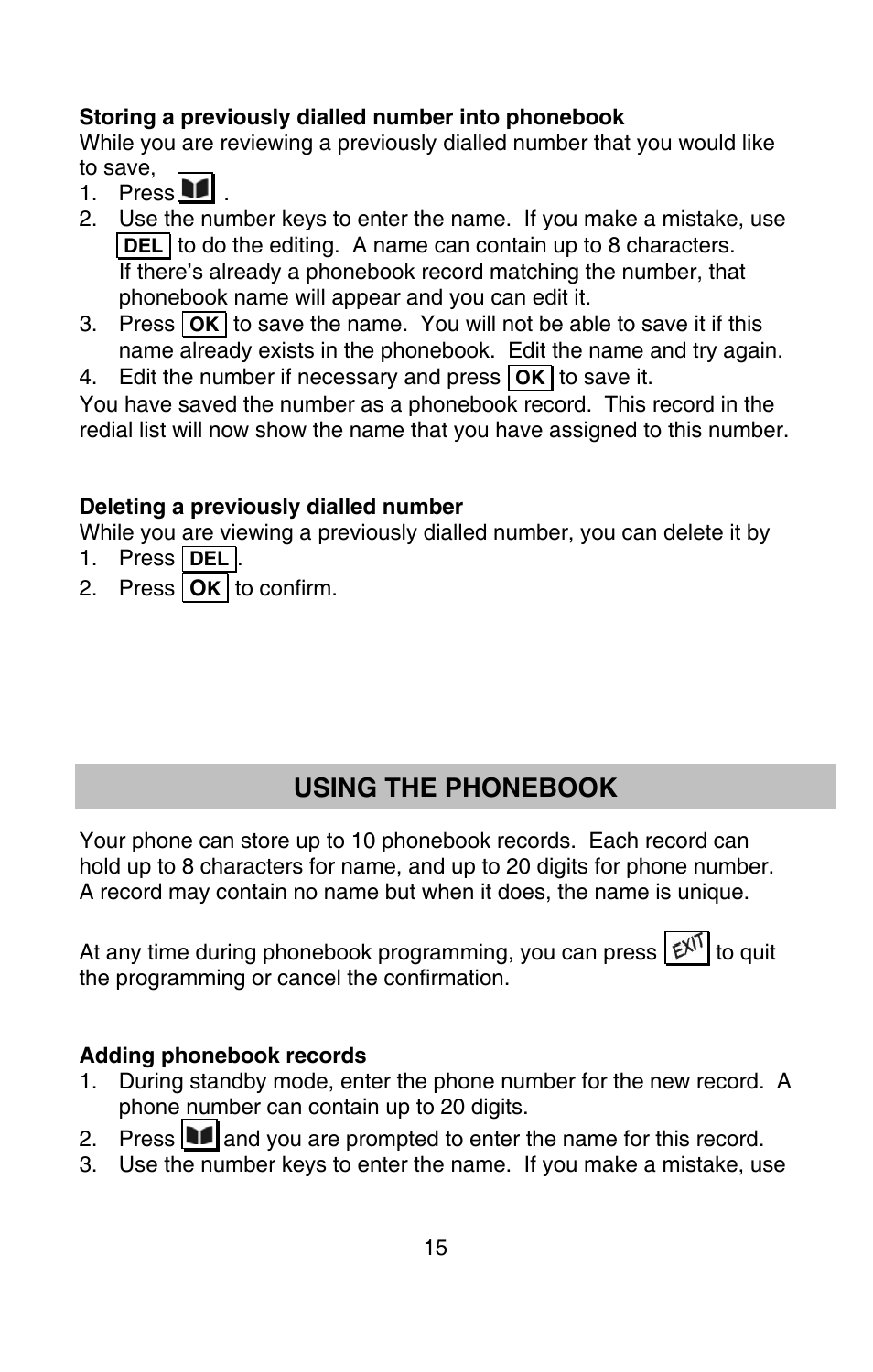 Using the phonebook | Oricom P900 User Manual | Page 15 / 35