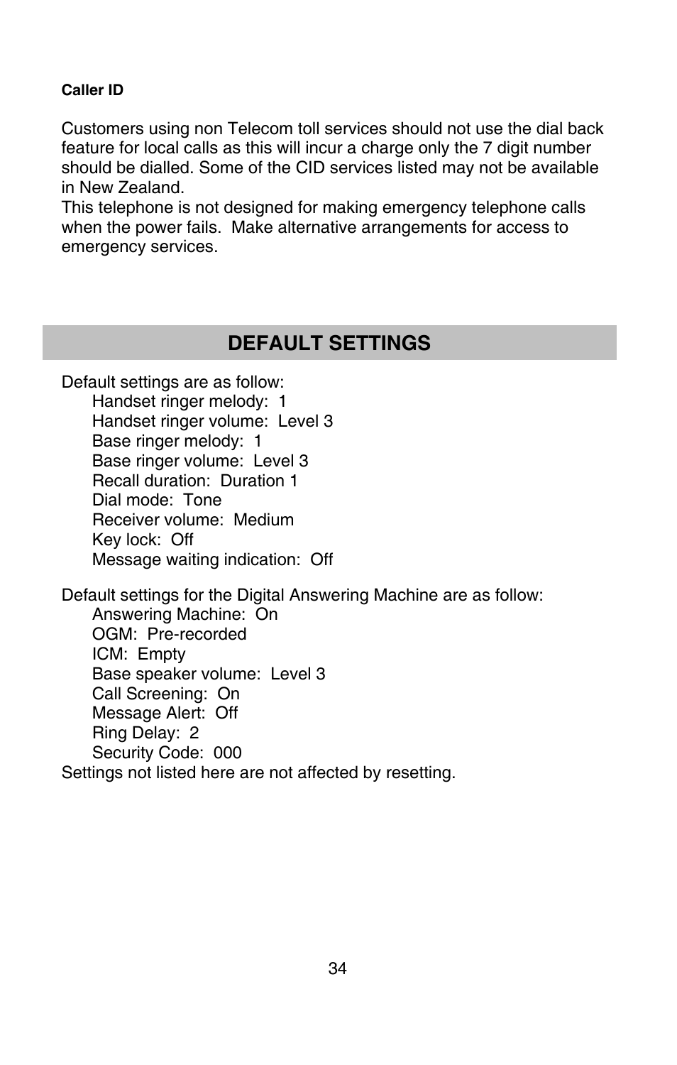 Ting, Default settings | Oricom P900 User Manual | Page 34 / 35