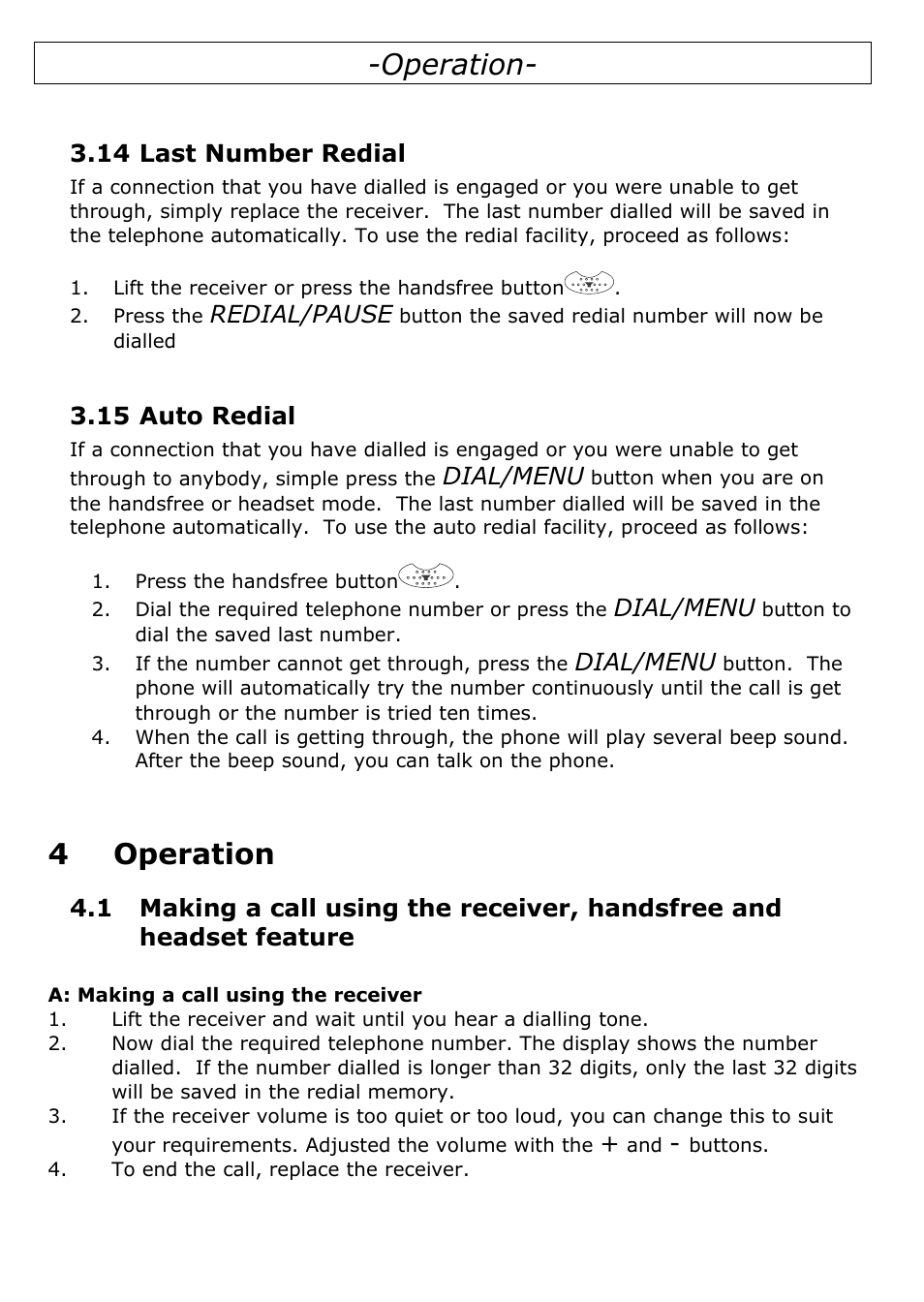 14 last number redial, 15 auto redial, 4 operation | Operation, 4operation, Redial/pause, Dial/menu | Oricom TP29 User Manual | Page 10 / 19
