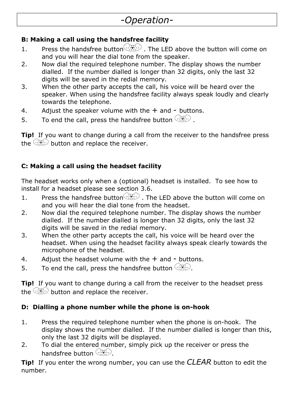 Operation, Clear | Oricom TP29 User Manual | Page 11 / 19