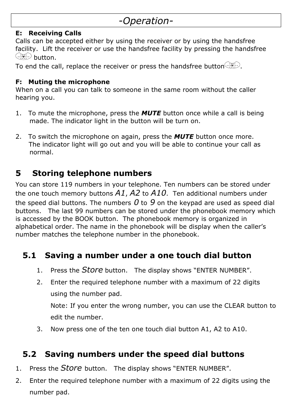 5 storing telephone numbers, 1 saving a number under a one touch dial button, 2 saving numbers under the speed dial buttons | Operation, Store | Oricom TP29 User Manual | Page 12 / 19