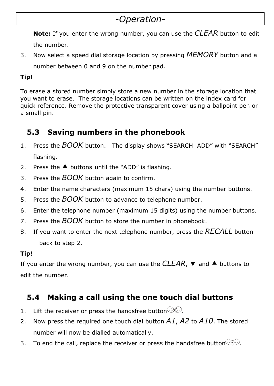 3 saving numbers in the phonebook, 4 making a call using the one touch dial buttons, Operation | Clear, Book, Recall | Oricom TP29 User Manual | Page 13 / 19