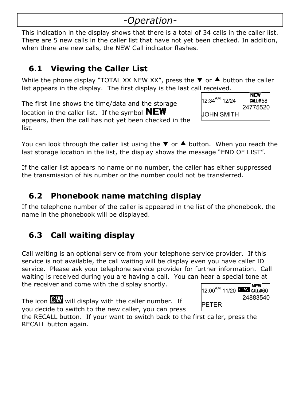 1 viewing the caller list, 2 phonebook name matching display, 3 call waiting display | Operation | Oricom TP29 User Manual | Page 15 / 19