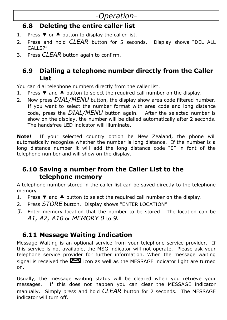 8 deleting the entire caller list, 11 message waiting indication, Operation | Oricom TP29 User Manual | Page 17 / 19