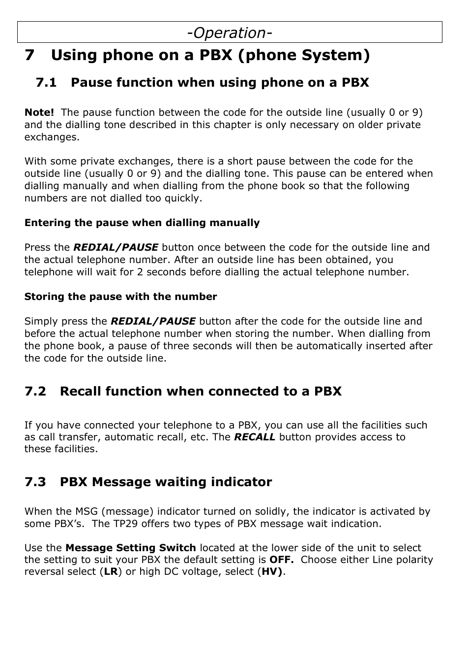 7 using phone on a pbx (phone system), 1 pause function when using phone on a pbx, 2 recall function when connected to a pbx | 3 pbx message waiting indicator, Operation- 7 using phone on a pbx (phone system) | Oricom TP29 User Manual | Page 18 / 19